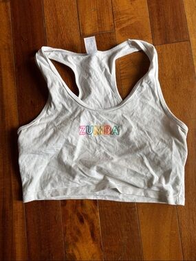 Zumba Fitness White Crop Sports Bra with Multicolor Logo